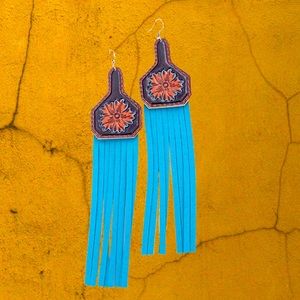 FLOWER FAUX LEATHER COW TURQUOISE FRINGE EARRINGS
